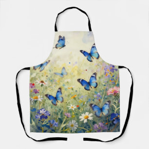 Blue Butterflies Watercolor Wildflower Meadow Apron