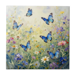 Blue Butterflies Watercolor Wildflower Meadow Ceramic Tile