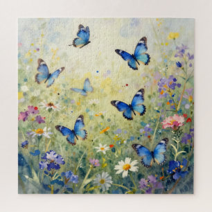 Blue Butterflies Watercolor Wildflower Meadow Jigsaw Puzzle