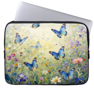 Blue Butterflies Watercolor Wildflower Meadow Laptop Sleeve