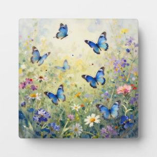 Blue Butterflies Watercolor Wildflower Meadow Plaque