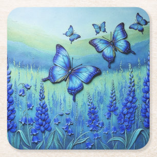 Blue Butterflies with Blue Flowers, Square Paper Coaster