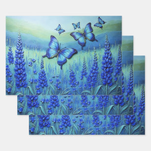 Blue Butterflies with Blue Flowers, Wrapping Paper Sheet