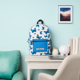 Blue butterflies with name printed backpack