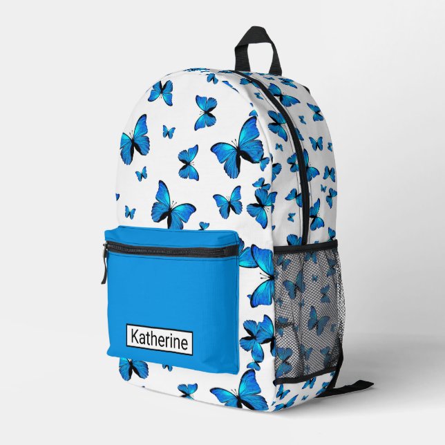 Blue butterflies with name printed backpack (Back Corner Right)