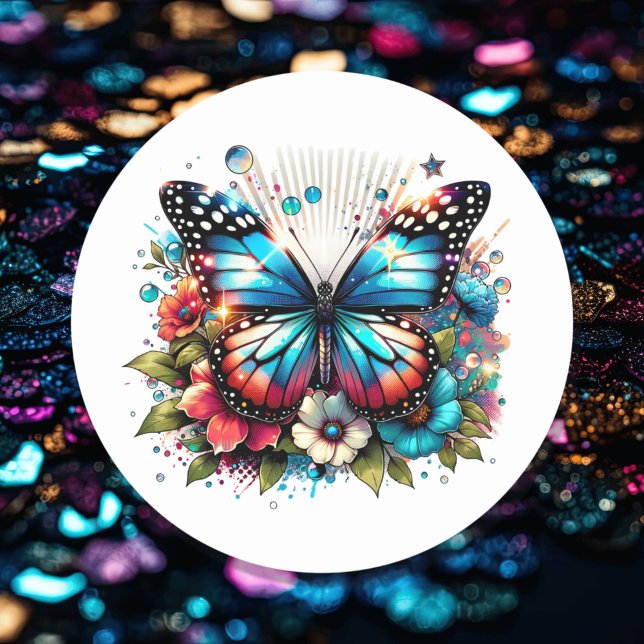 Blue Butterfly and Flowers   Classic Round Sticker (Creator Uploaded)