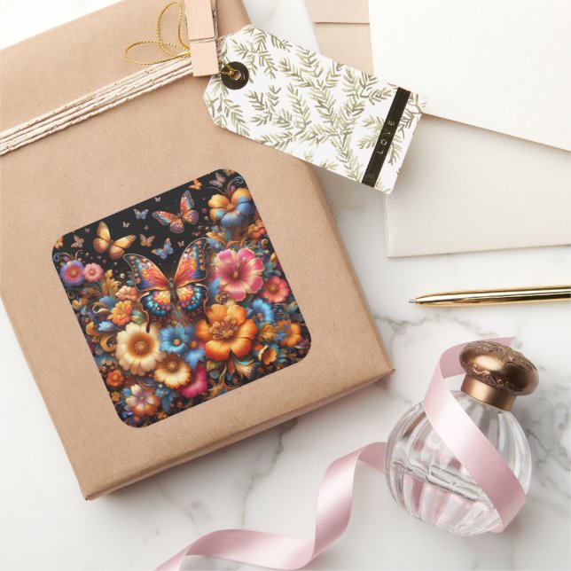 Blue butterfly and flowers pattern square sticker (Gifting)