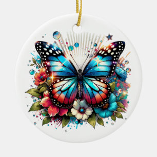 Blue Butterfly and Flowers Personalised Christmas Ceramic Ornament