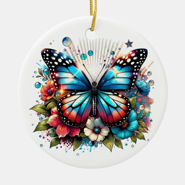 Blue Butterfly and Flowers Personalised Christmas Ceramic Ornament (Front)