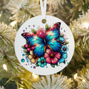 Blue Butterfly and Flowers  Personalised Christmas Metal Tree Decoration