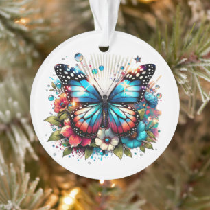 Blue Butterfly and Flowers  Personalised Christmas Ornament