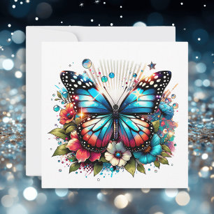 Blue Butterfly and Flowers    Personals Message Card