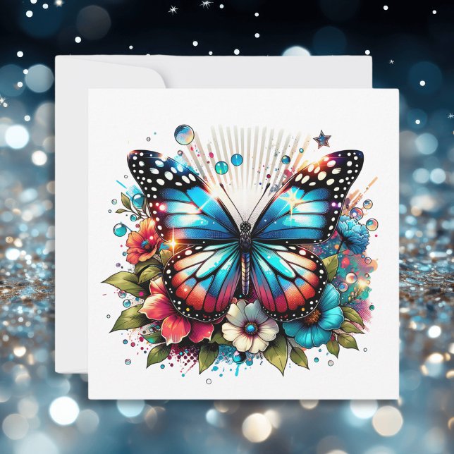 Blue Butterfly and Flowers  | Personals Message Card (Creator Uploaded)