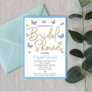 Blue Butterfly and Gold Glitter Bridal Shower Invitation