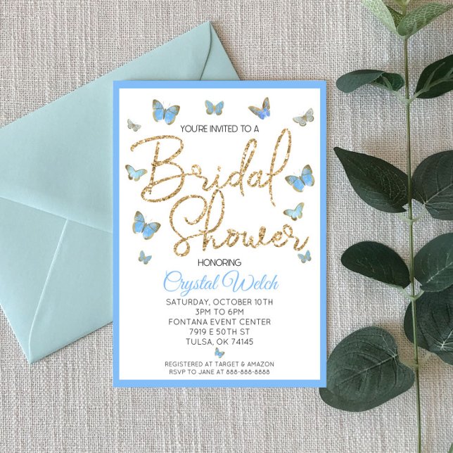 Blue Butterfly and Gold Glitter Bridal Shower Invitation (Creator Uploaded)