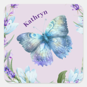 Blue Butterfly and Lavender Personalised Square Sticker