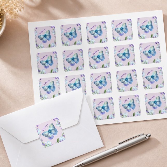 Blue Butterfly and Lavender Personalised Square Sticker (Creator Uploaded)