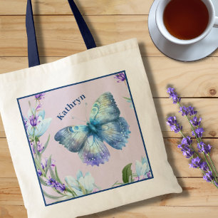 Blue Butterfly and Lavender Personalised Tote Bag