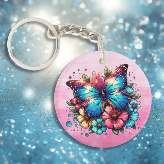 Blue Butterfly and Pink Flowers Personalised Key Ring (Creator Uploaded)