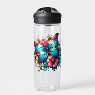 Blue Butterfly and Pink Flowers Personalised Water Bottle