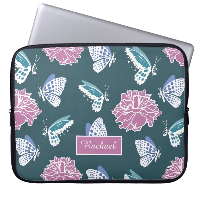 Blue Butterfly and Pink Rose Pattern Personalised Laptop Sleeve (Front)