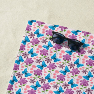 Blue Butterfly and Purple Floral Pattern Beach Towel