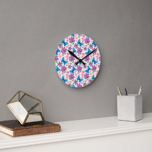 Blue Butterfly and Purple Floral Pattern Round Clock
