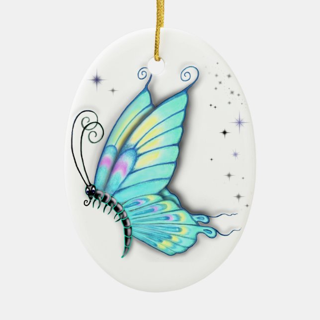 Blue Butterfly and stars Ceramic Tree Decoration (Front)
