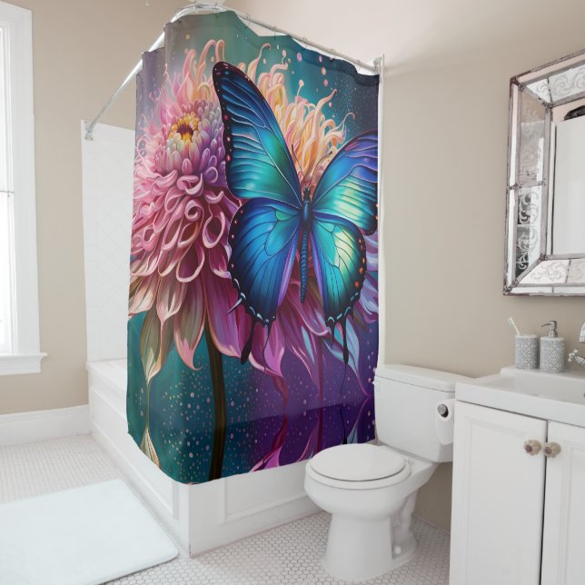  Blue butterfly and the Dahlia Shower Curtain (In Situ)