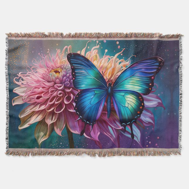  Blue butterfly and the Dahlia Throw Blanket (Front)