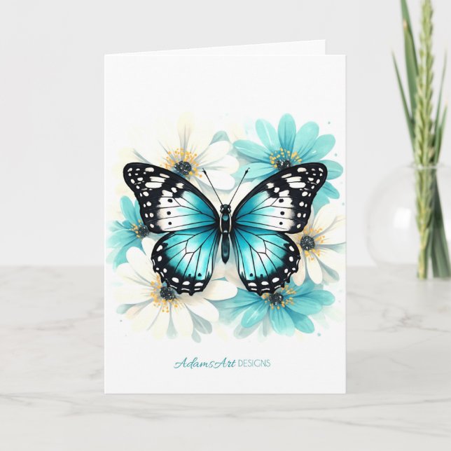 Blue Butterfly & Aqua Floral Watercolor Card (Front)