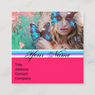 BLUE BUTTERFLY BEAUTY MAKEUP ARTIST Hot Pink Green Square Business Card