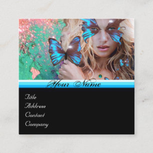 BLUE BUTTERFLY BEAUTY MAKEUP ARTIST monogram green Square Business Card