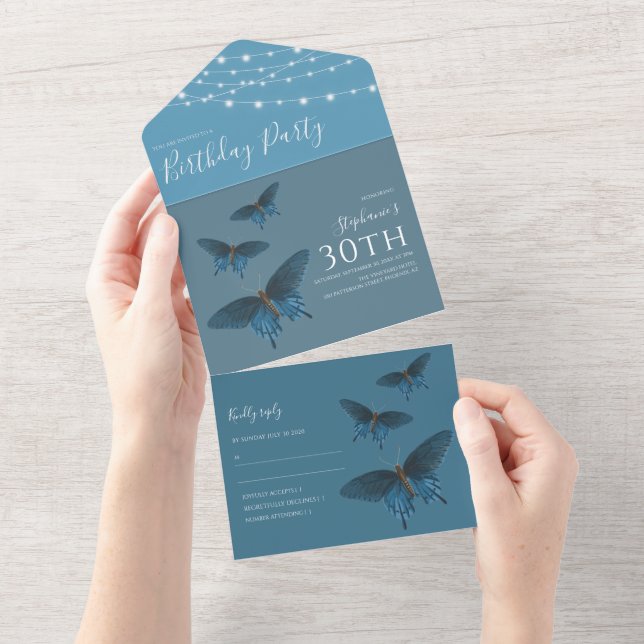 Blue Butterfly Birthday All In One Invitation (Tearaway)