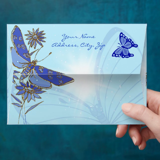 Blue Butterfly Birthday Invitation Card Envelope (Hand)