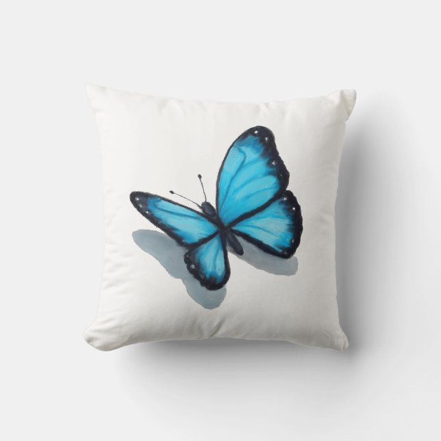 Blue Butterfly, Colour Pencil Drawing, Realism Art Cushion (Front)