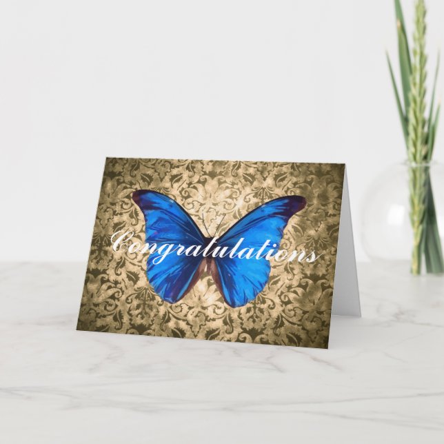 Blue butterfly damask Congratulations Vintage art Card (Front)