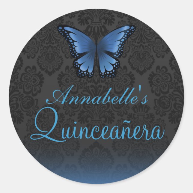 Blue Butterfly & Damask Quinceañera Sticker (Front)