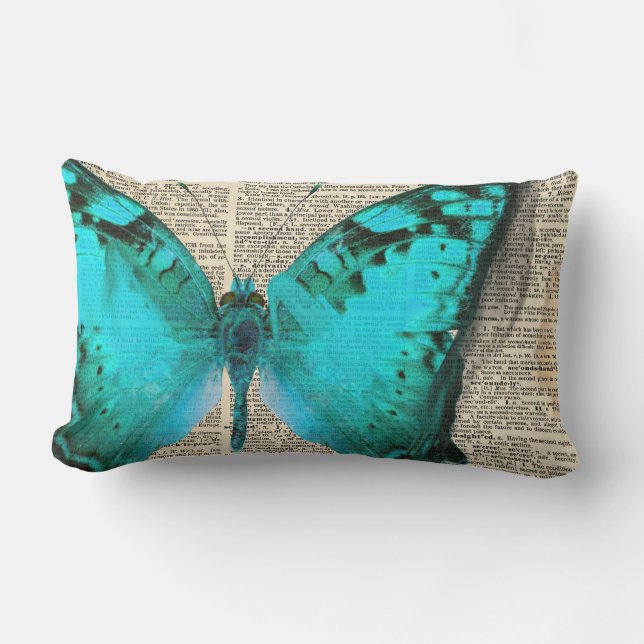 Blue butterfly, dictionary page, decorative lumbar cushion (Front)