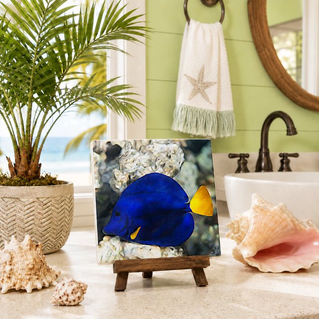 Blue Butterfly Fish Coral Reef Ocean Fish Ceramic Tile (tropical beach theme decorative ceramic tile with blue butterfly fish coral reef in coastal bathroom)