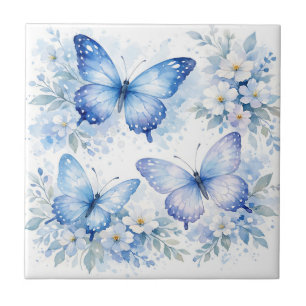 Blue Butterfly Floral Arrangement Ceramic Tile