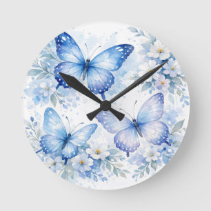 Blue Butterfly Floral Arrangement Round Clock