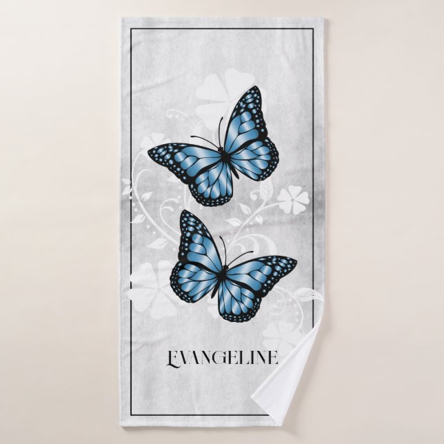 Blue Butterfly Floral Bath Towel Set (Bath Towel)