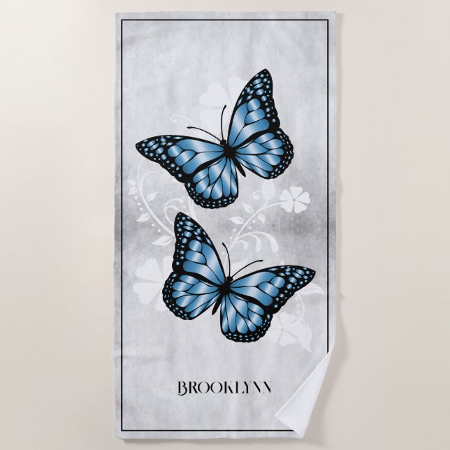 Blue Butterfly Floral Beach Towel (Front)
