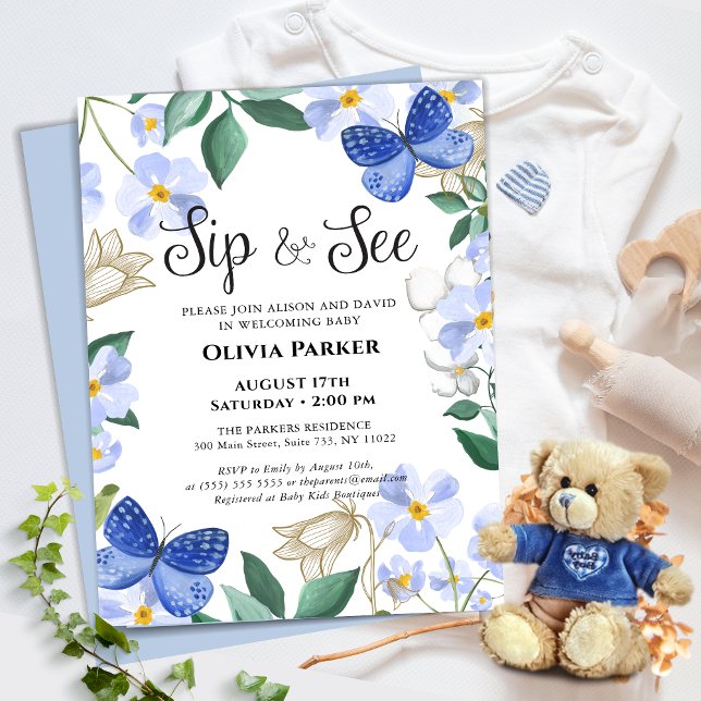 Blue Butterfly Floral Foliage Baby Boy SIP AND SEE Invitation (Creator Uploaded)