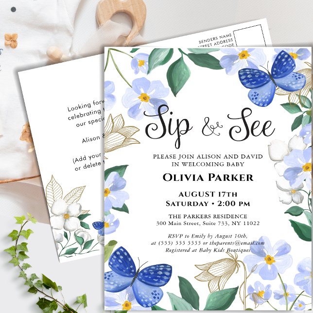 Blue Butterfly Floral Foliage Baby Boy SIP AND SEE Invitation Postcard (Creator Uploaded)