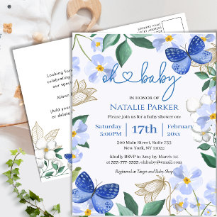 Blue Butterfly Floral Foliage Boy Baby Shower Invitation Postcard