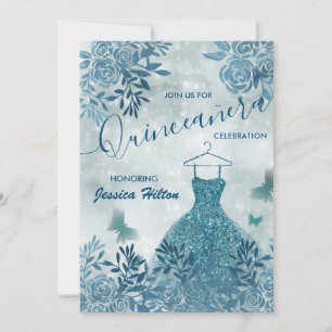 Blue Butterfly floral garden dress Quinceañera Invitation