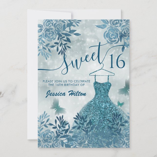 Blue Butterfly floral garden dress sweet sixteen I Invitation (Front)