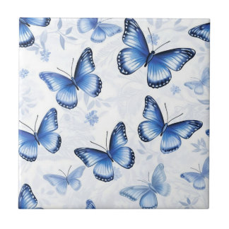 Blue Butterfly Floral Pattern Ceramic Tile